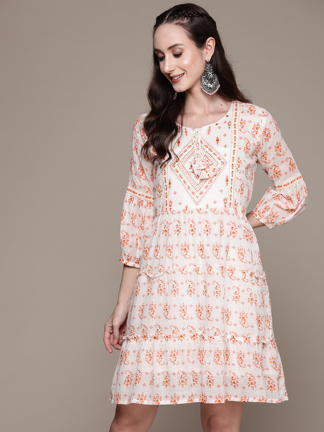 Women's Off White Floral Beadwork Tasseled Dress - Anubhutee