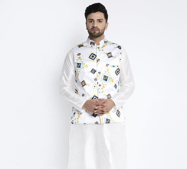 Men's White & Multi Printed Nehru Jacket - Benstoke - Indiakreations