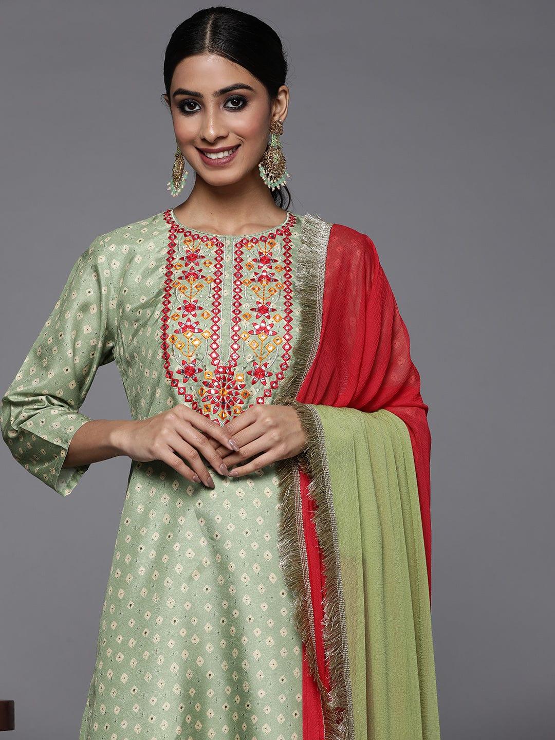 Varanga Women Green Leheriya Embroidered Mirror Work Kurta with Trousers & With Dupatta - Indiakreations