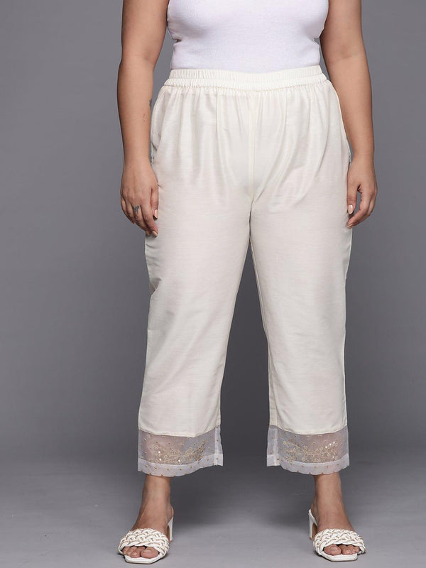 Varanga Women Plus Size Off White Floral Embroidered Cropped Trousers - Indiakreations