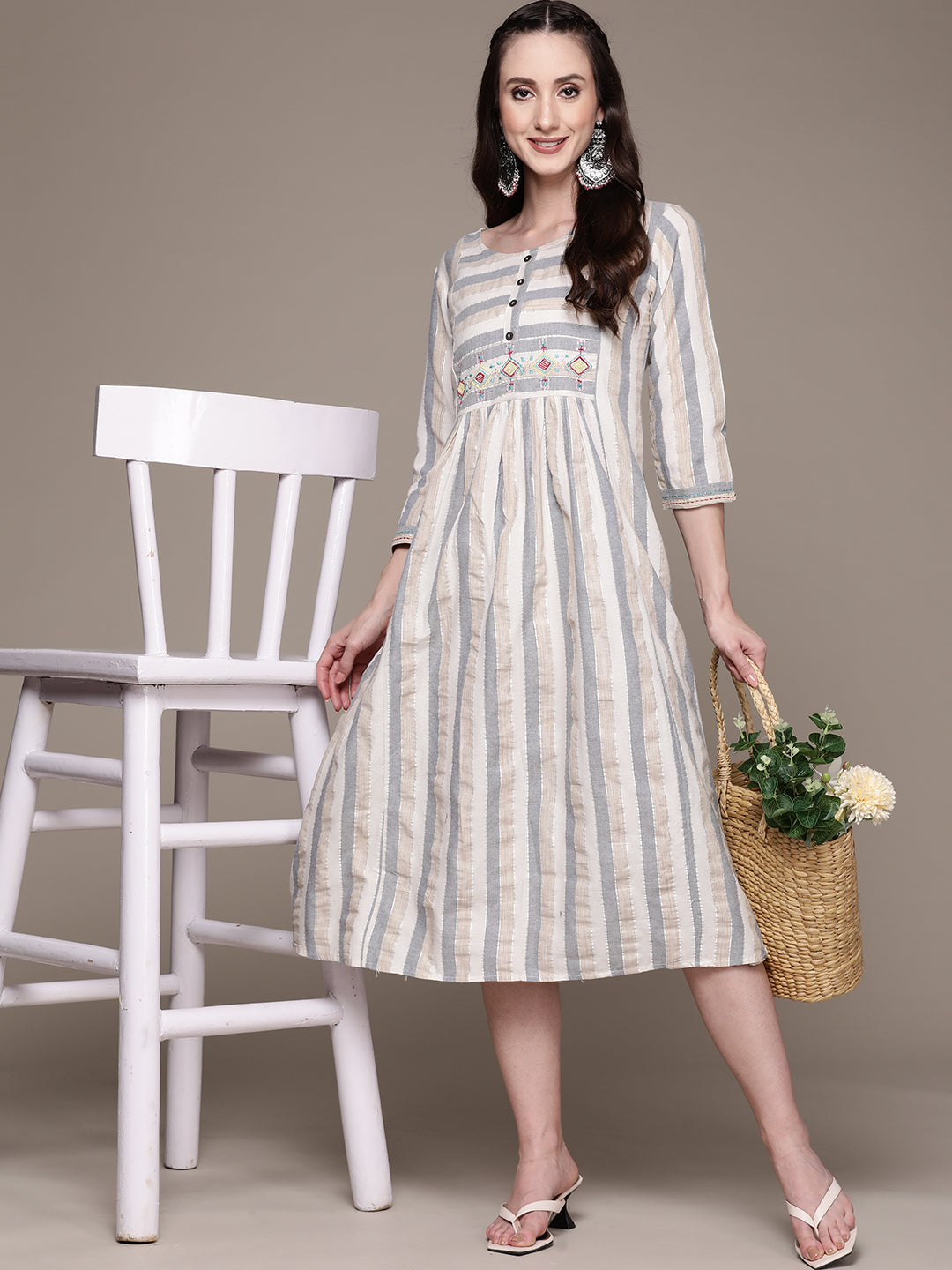 Women's Beige & Grey Striped Embroidered Dress - Anubhutee