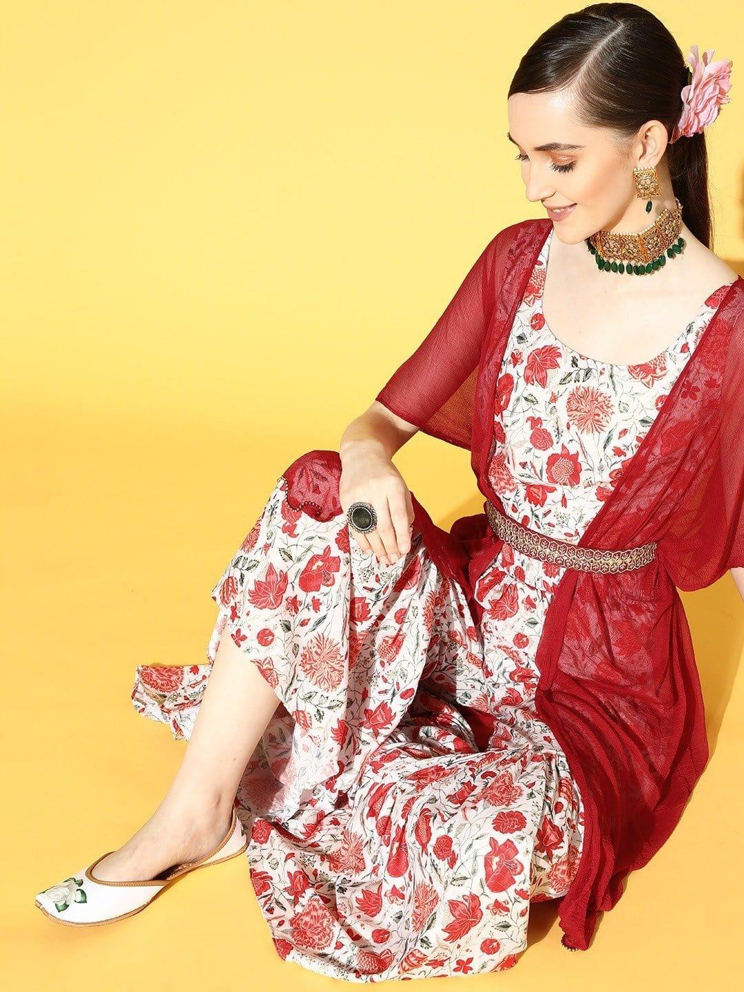 Printed Blouse With Sharara And Cape And Stylised With Embroidered Belt - Indiakreations