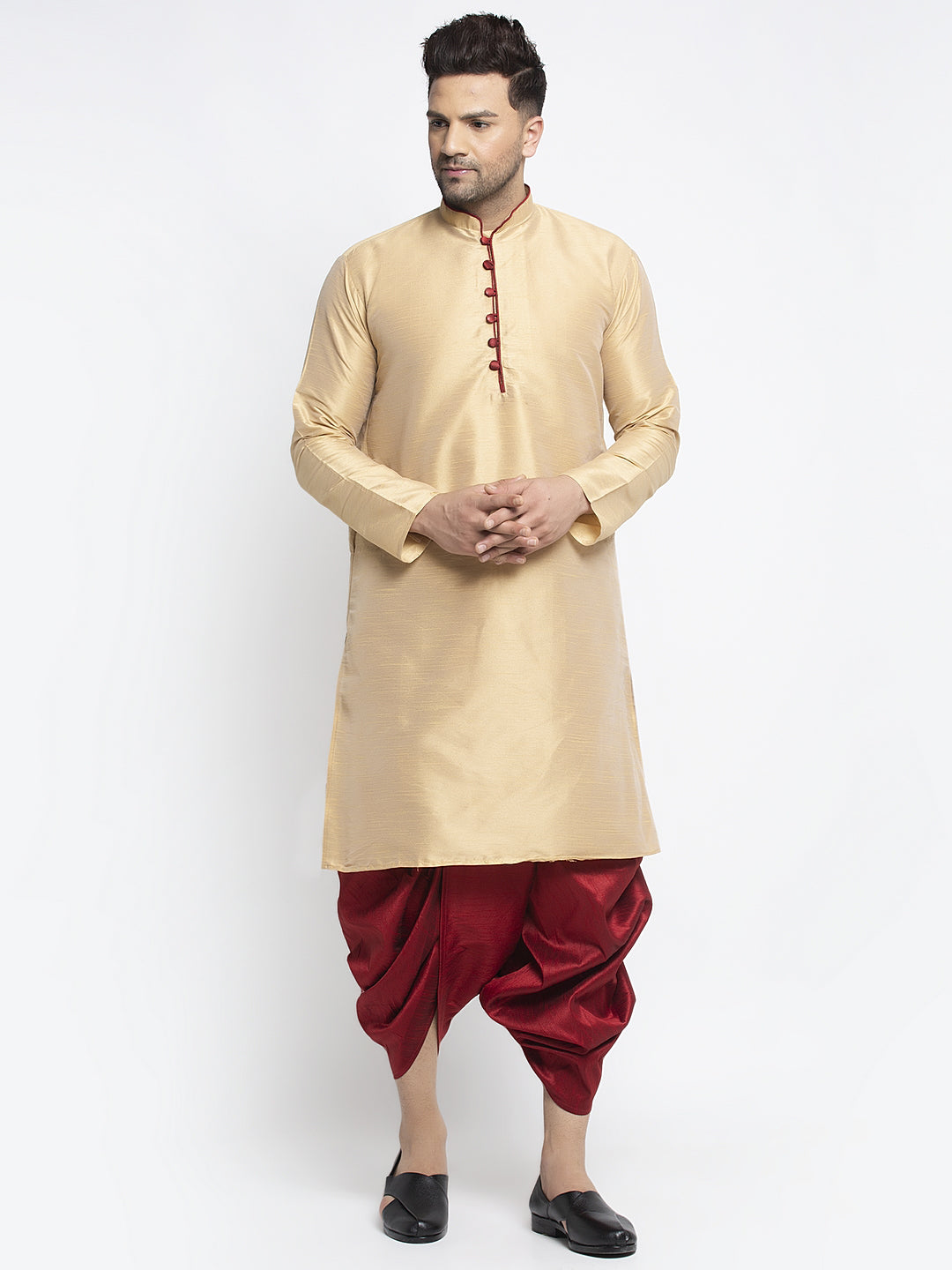 Men's Gold Solid Kurta With Maroon Dhoti Pant - Benstoke