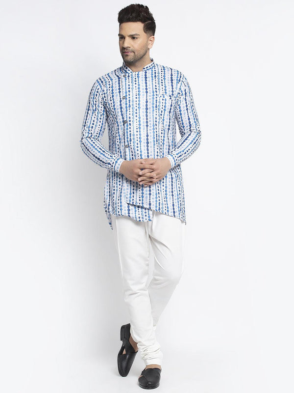 Men's Blue & White Printed Short Kurta With White Pyjama - Benstoke - Indiakreations