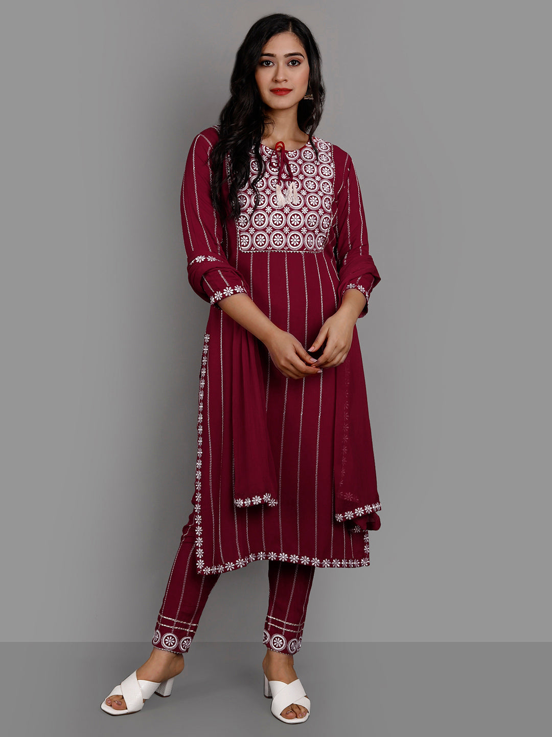 Women's Burgundy Rayon Kurta Pant And Dupatta Set - Noz2Toz