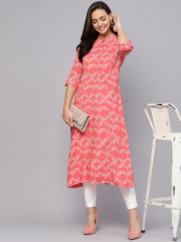 Women Coral Pink A-Line Kurta by Anubhutee (1pc)