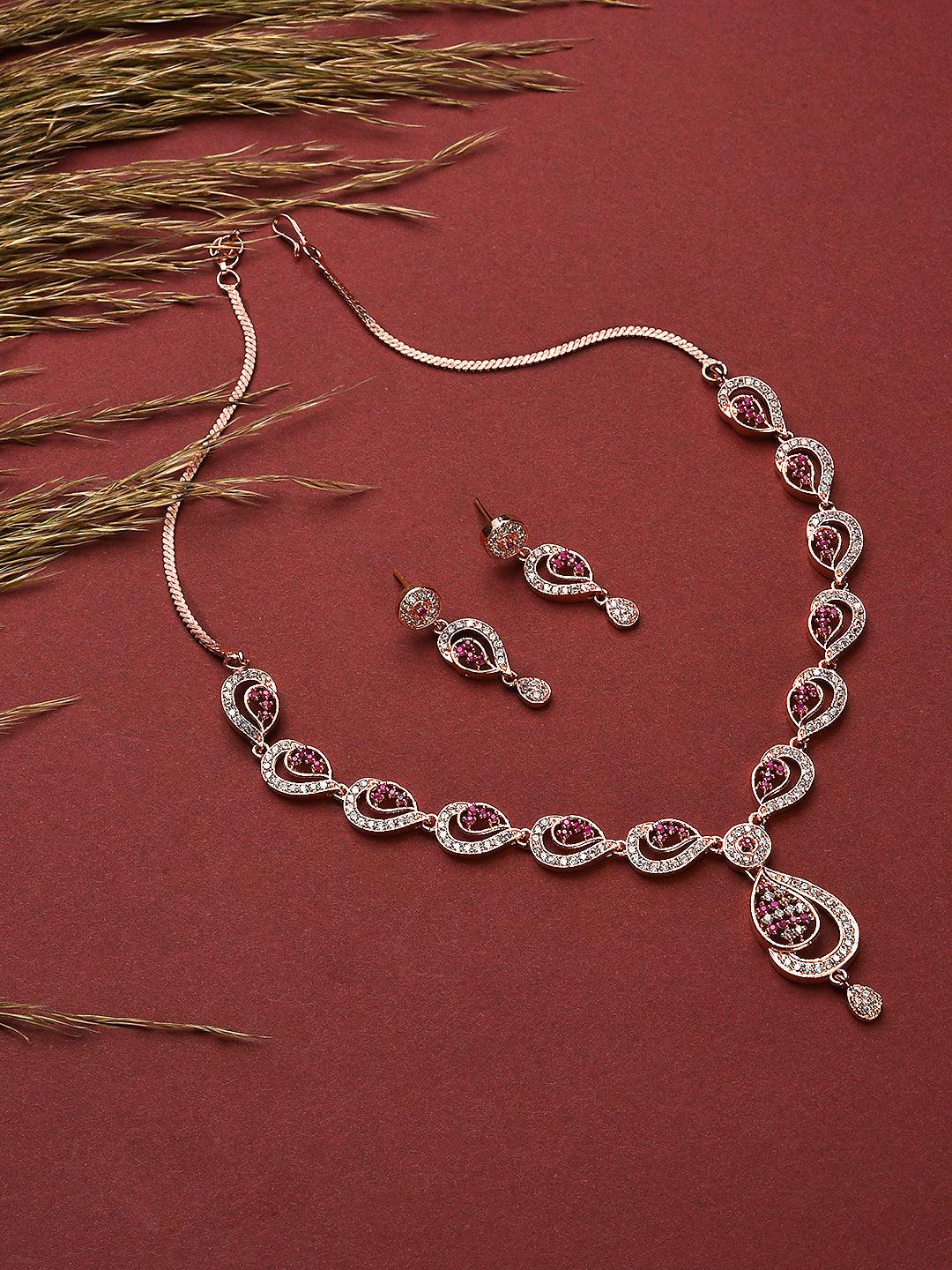 Women's Rose Gold-Plated Ruby AD-Studded Handcrafted Floral Jewellery Set - Jazz And Sizzle - Indiakreations