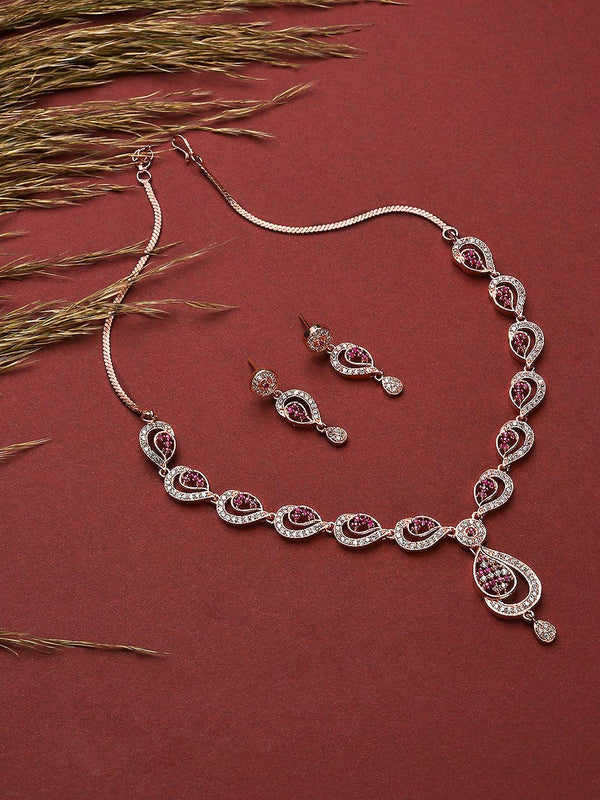 Women's Rose Gold-Plated Ruby AD-Studded Handcrafted Floral Jewellery Set - Jazz And Sizzle - Indiakreations