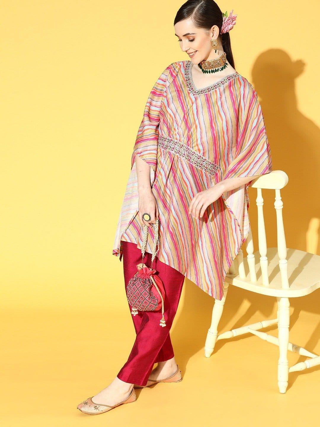 Pink Leheriya Printed Kaftan With Embroidered Belt And Pink Silk Trouser - Indiakreations