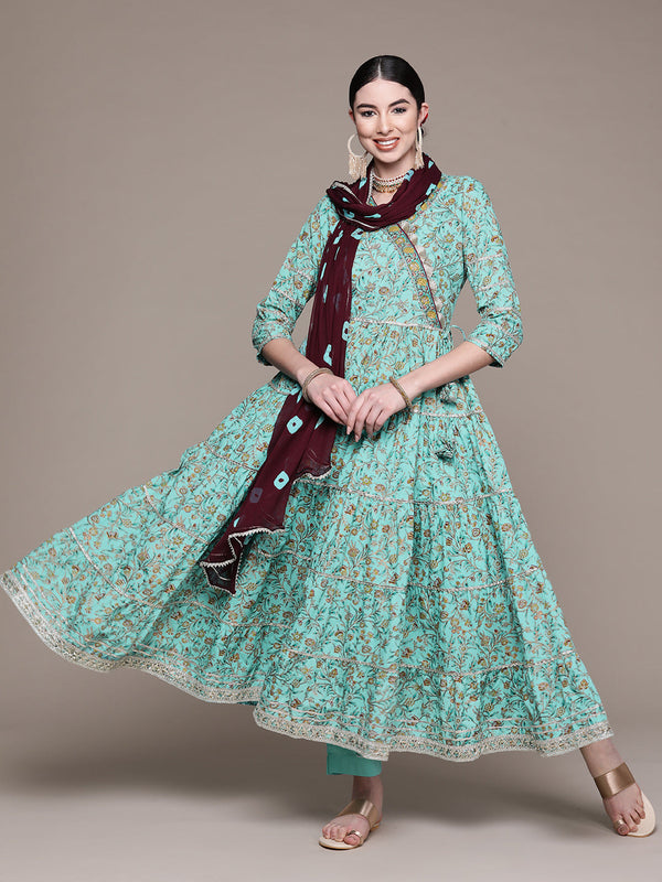 Women's Turqoise Blue Anarkali Kurta with Trousers and Dupatta - Anubhutee