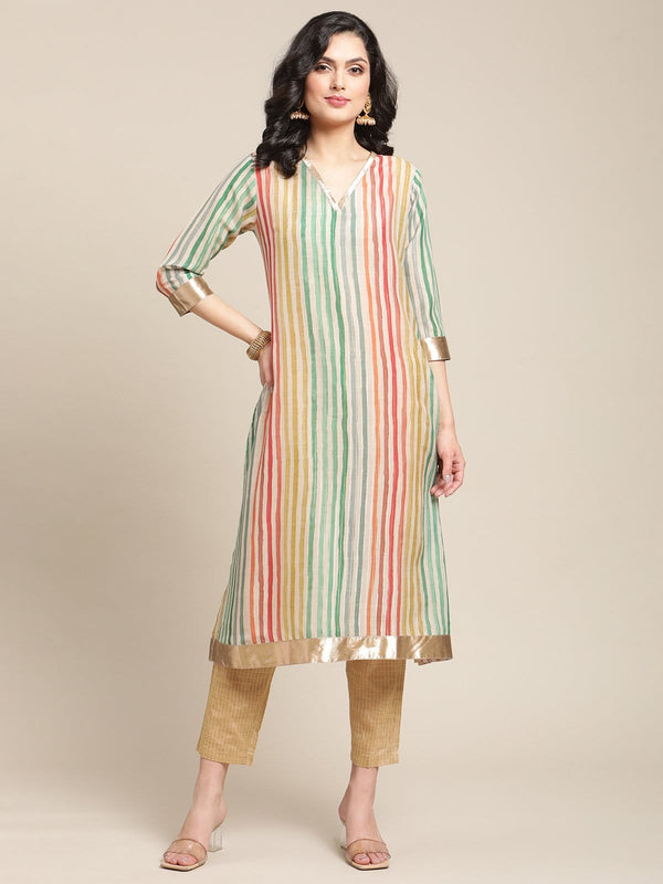 Women's Multicolored Striped V Neck A-Line Kurta With Shimmer Taping - Varanga