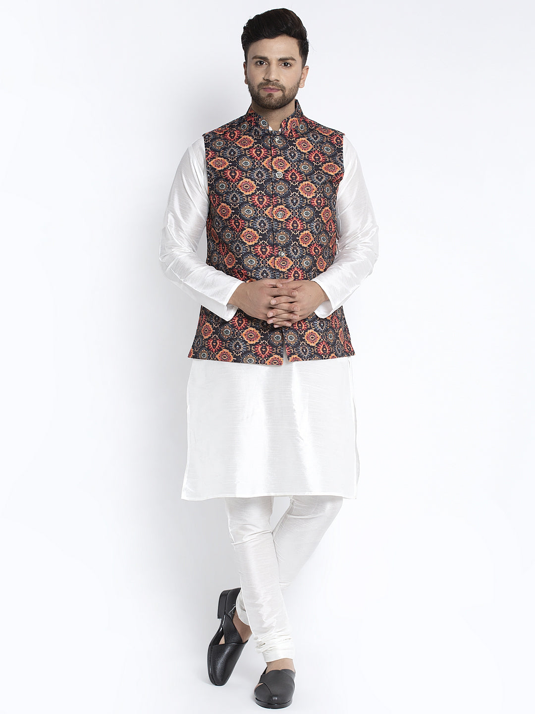 Men's Silk Blend White Kurta With Pyjama & Black Printed Nehru Jacket - Benstoke