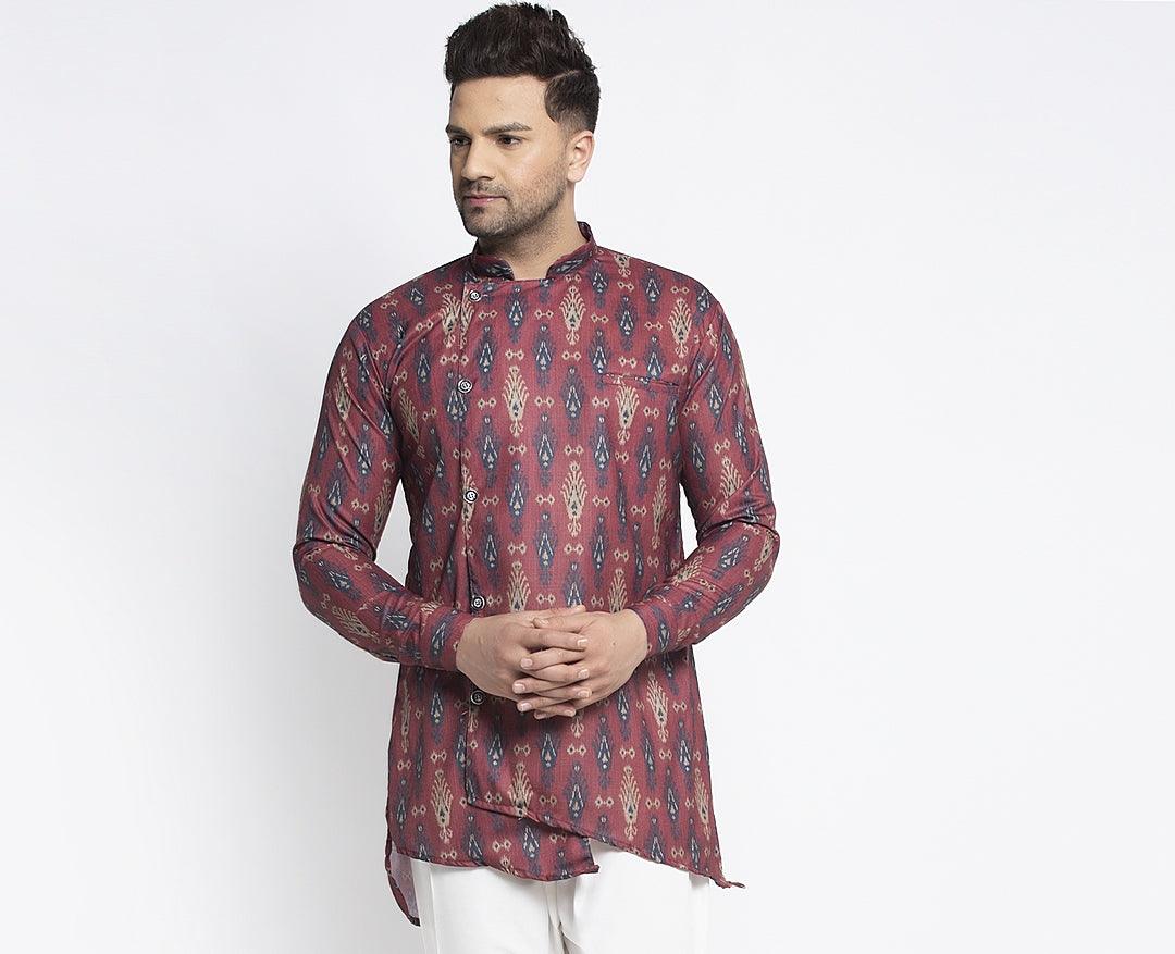 Men's Maroon & Navy Blue Asymmetric Printed Short Kurta - Benstoke - Indiakreations