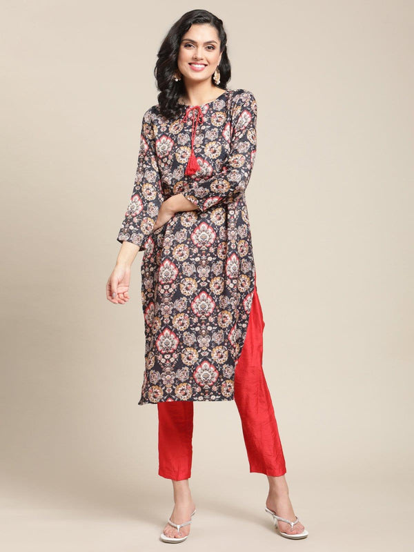 Navy Floral Printed Pashmina Kurta With Tassel And Drawstring And Having Full Sleeves - Indiakreations