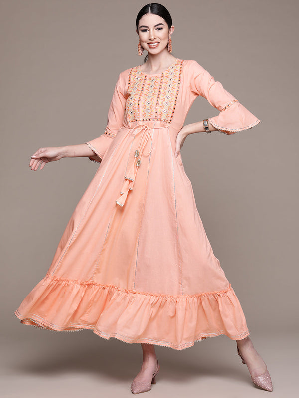 Women's Peach Yoke Embroidered Ethnic Dress - Anubhutee