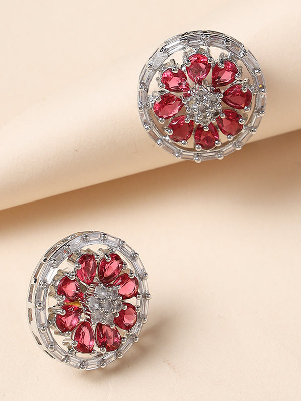 Women's Silver Plated American Diamond Red Floral Stud Earrings - Jazz and Sizzle