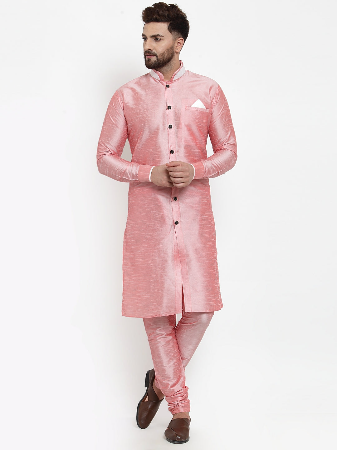 Men's Pink Solid Kurta With Churidaar Pyjama Set - Benstoke