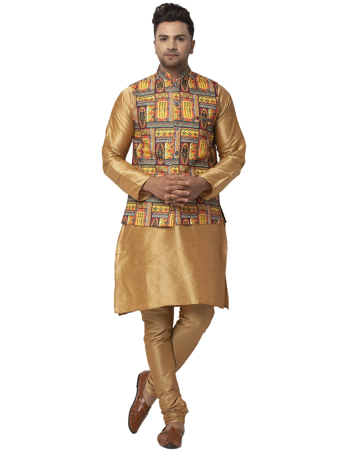 Men's Silk Blend Copper Kurta With Pyjama & Yellow Printed Nehru Jacket - Benstoke