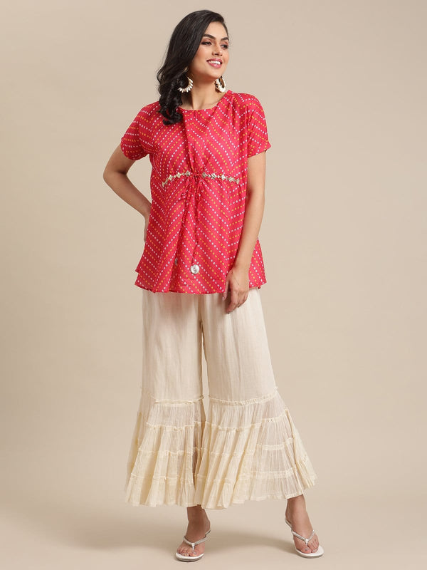 Women's Pink Bandhej Gota Patti Embellished Top With Off White Shrarara Set - Varanga