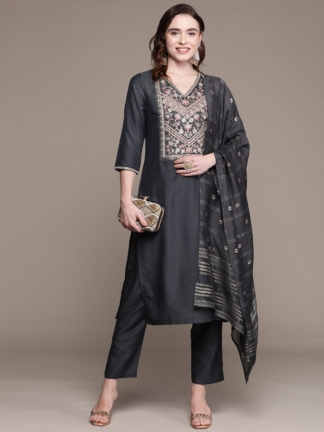 Women's Charcoal Grey Ethnic Motifs Zari Embroidered Kurta With Trousers & Dupatta - Anubhutee