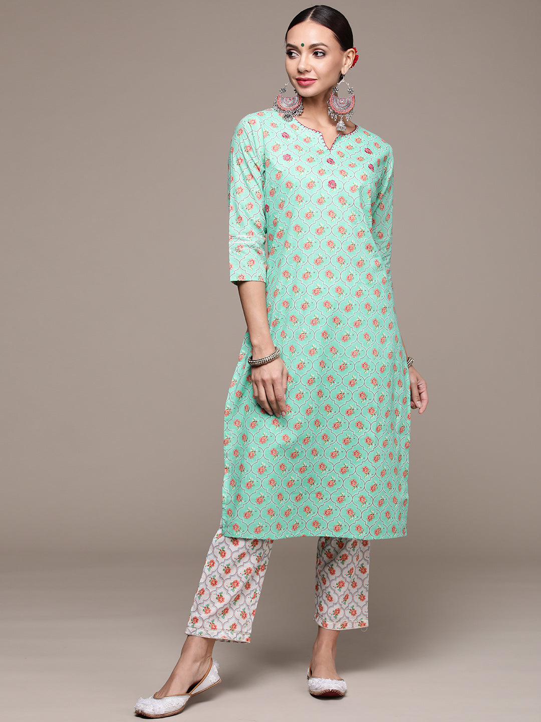 Women's Turquoise Green Handwork Printed Kurta Set With Trousers - Anubhutee