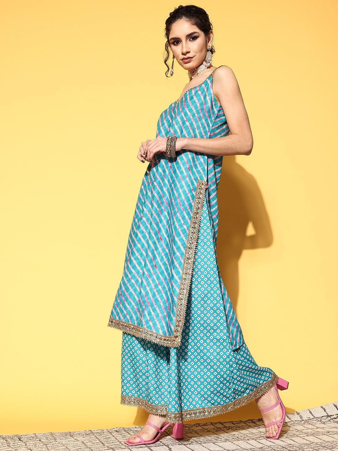 Varanga Women Turquoise Blue Leheriya Striped Mirror Work Kurta with Palazzos & Dupatta - Indiakreations