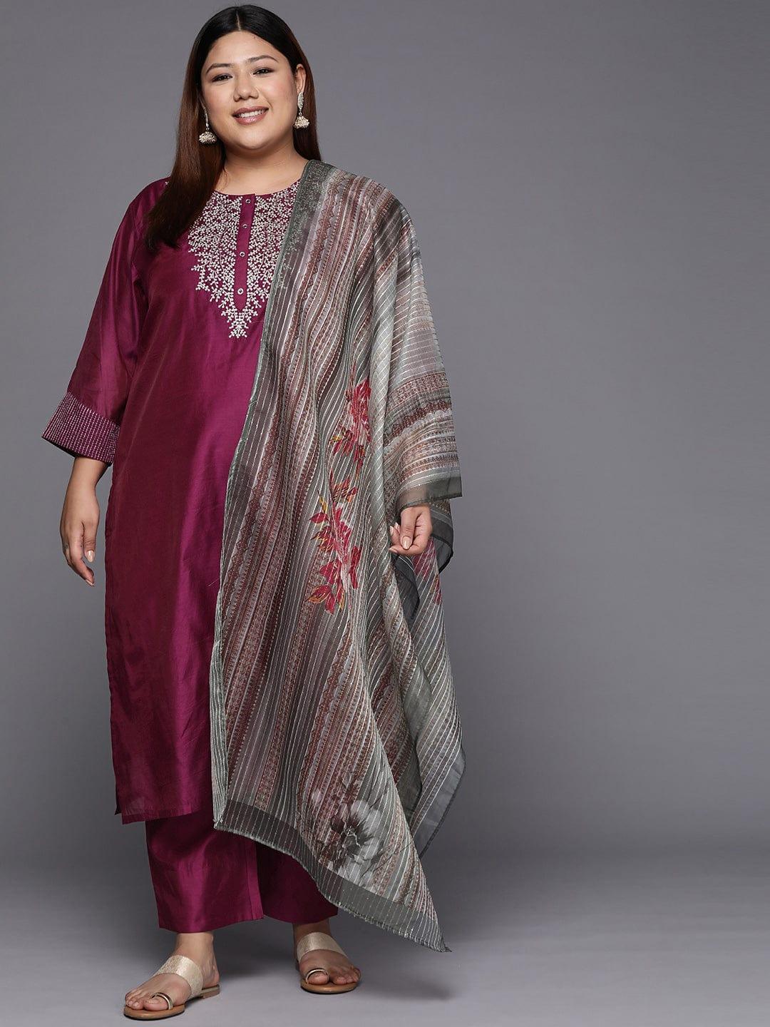 Varanga Women Plus Size Magenta Yoke Design Sequinned Chanderi Silk Kurta with Trousers & Dupatta - Indiakreations