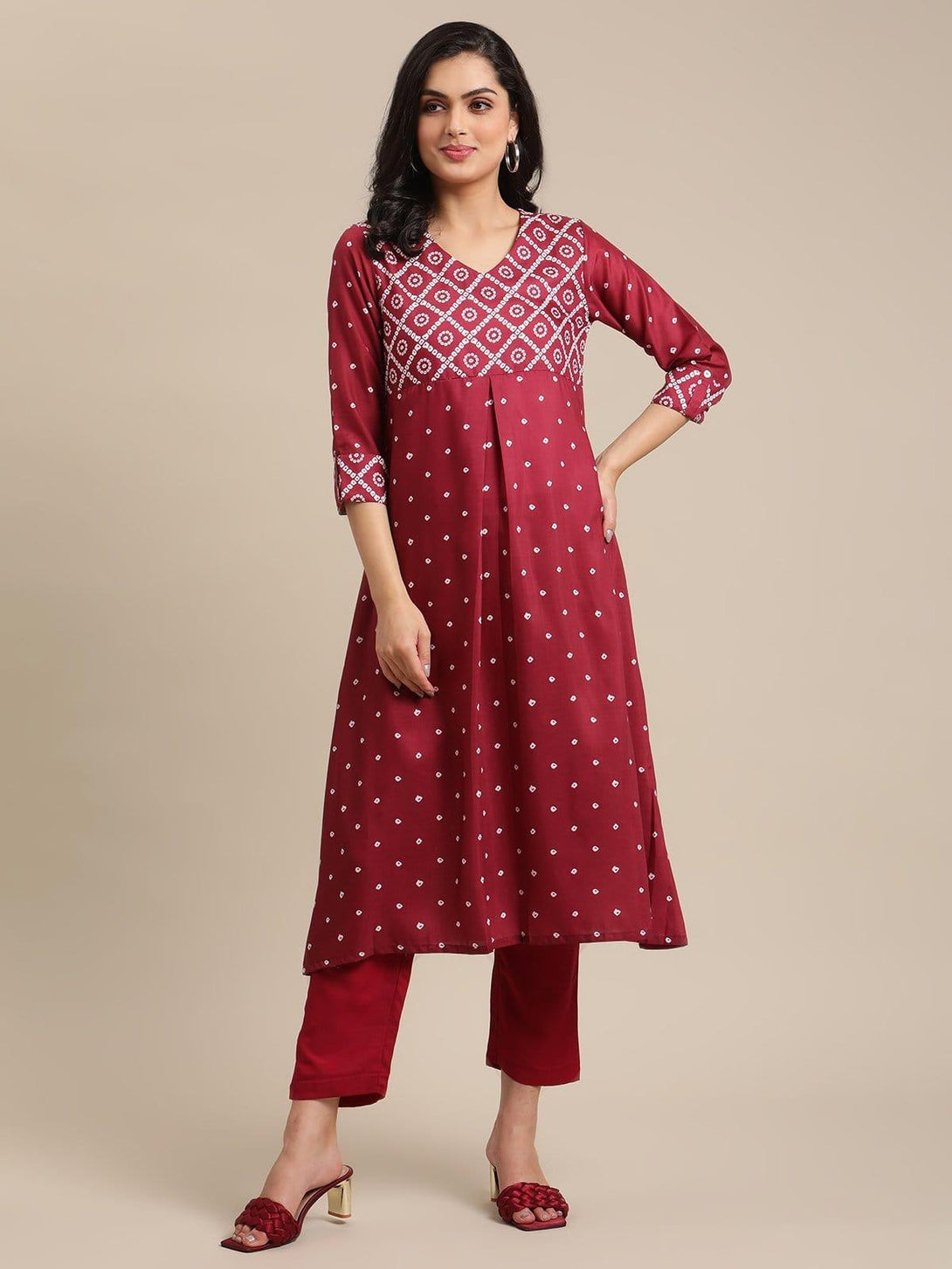 Maroon And Off White Bandhej Printed Pleated Kurta With Trouser - Indiakreations