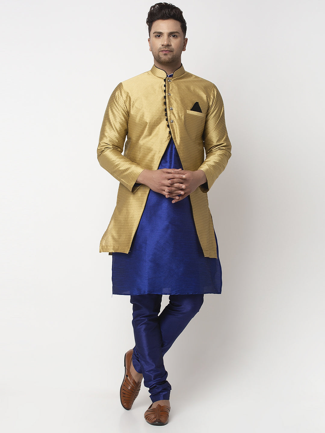 Men's Royal Blue Kurta With Pyjama & Gold Self Design Jacket - Benstoke