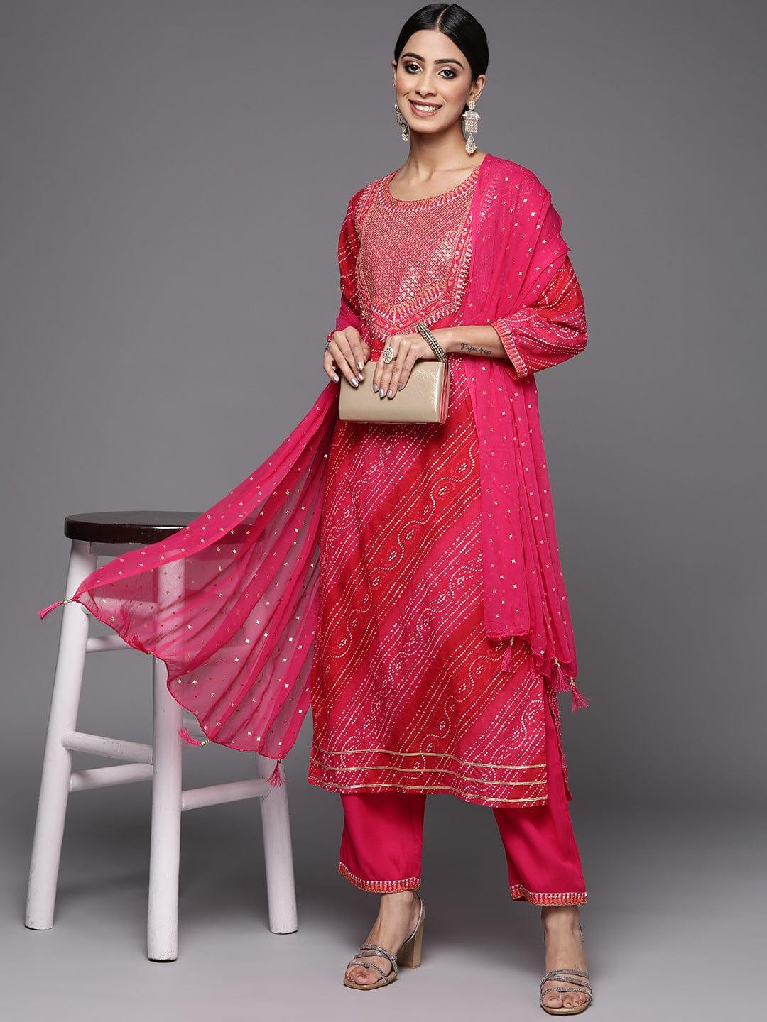 Varanga Women Pink Yoke Design Sequinned Pure Cotton Kurta with Trousers & With Dupatta - Indiakreations