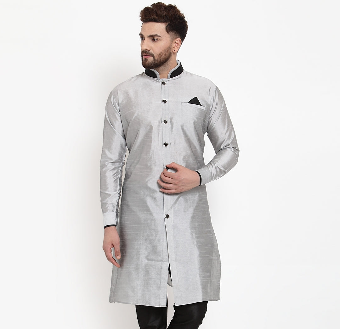 Men's Silk Blend Grey Solid Straight Kurta - Benstoke