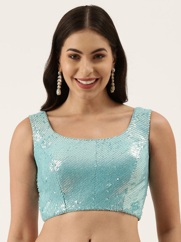 Women's Turquoise Sequince Work Net Blouse - Panchhi