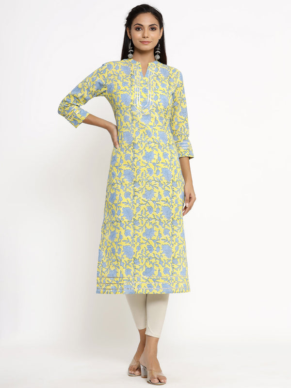 Women's Yellow Cotton Straight Kurta by Kipek (1pc)