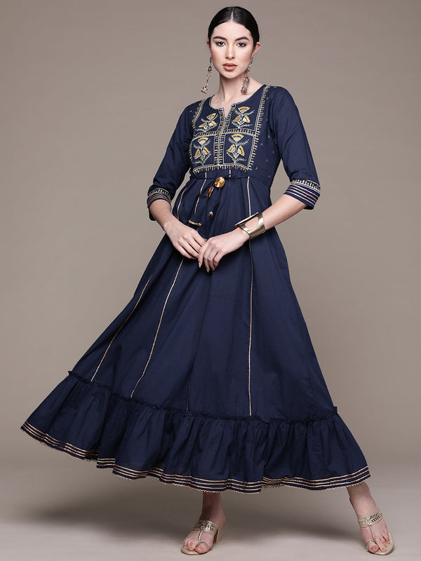 Women's Navy Blue Yoke Embroidered Ethnic Dress - Anubhutee