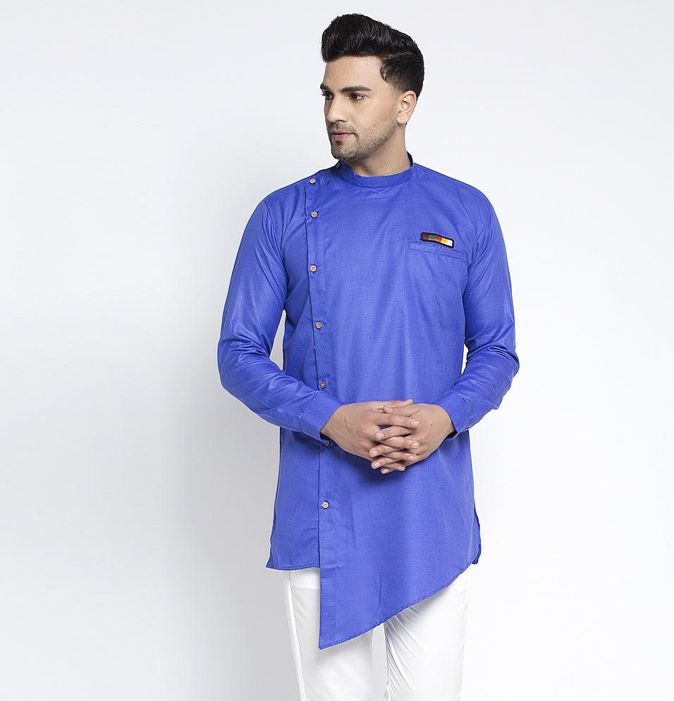 Men's Royal Blue Solid Short Kurta - Benstoke - Indiakreations