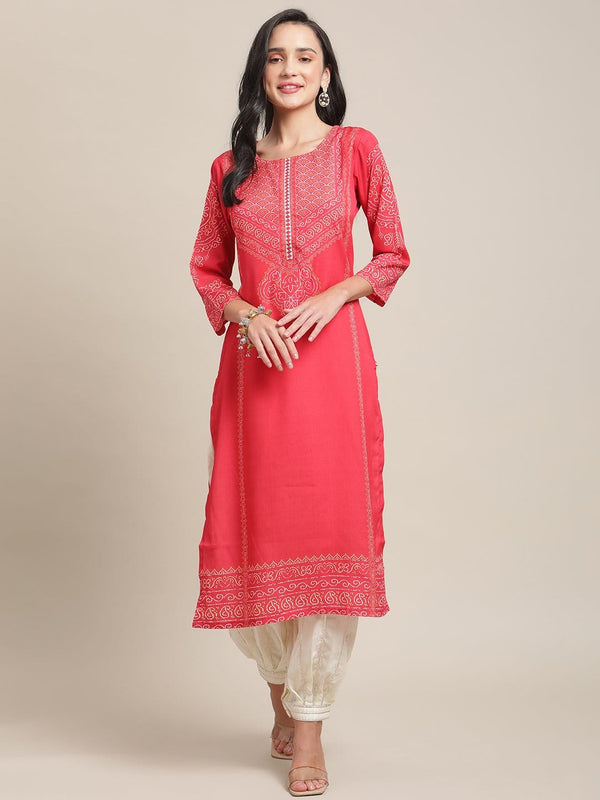 Women's Red And Mustard Printed Kurta With Gota Work On Yoke - Varanga