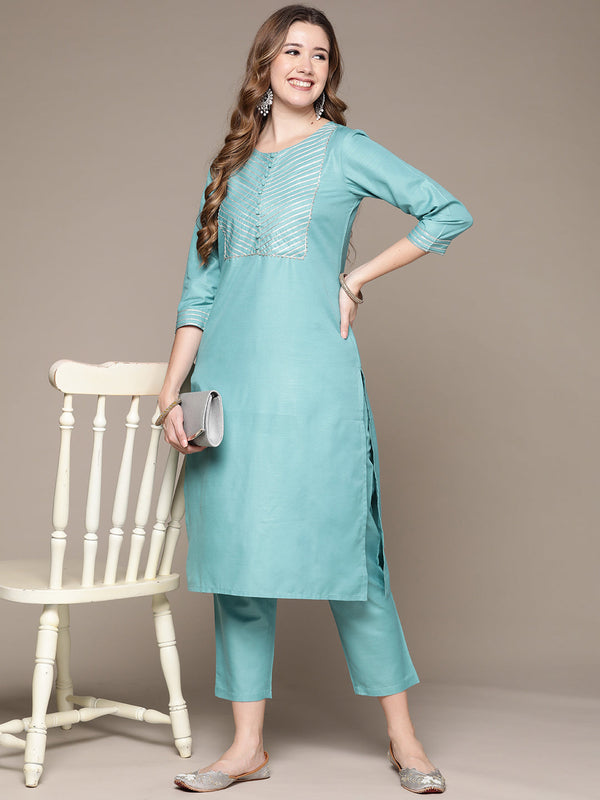 Women's Sky Blue Gotta Patti Kurta Set with Trousers - Anubhutee