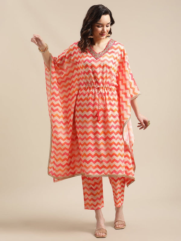 Women's Coral Chivron Printed Kaftan Set Zari Embroidery On Neckline - Varanga