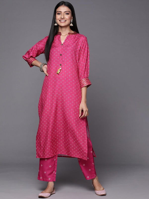 Varanga Women Pink Bandhani Printed Sequinned Kurta with Trousers - Indiakreations