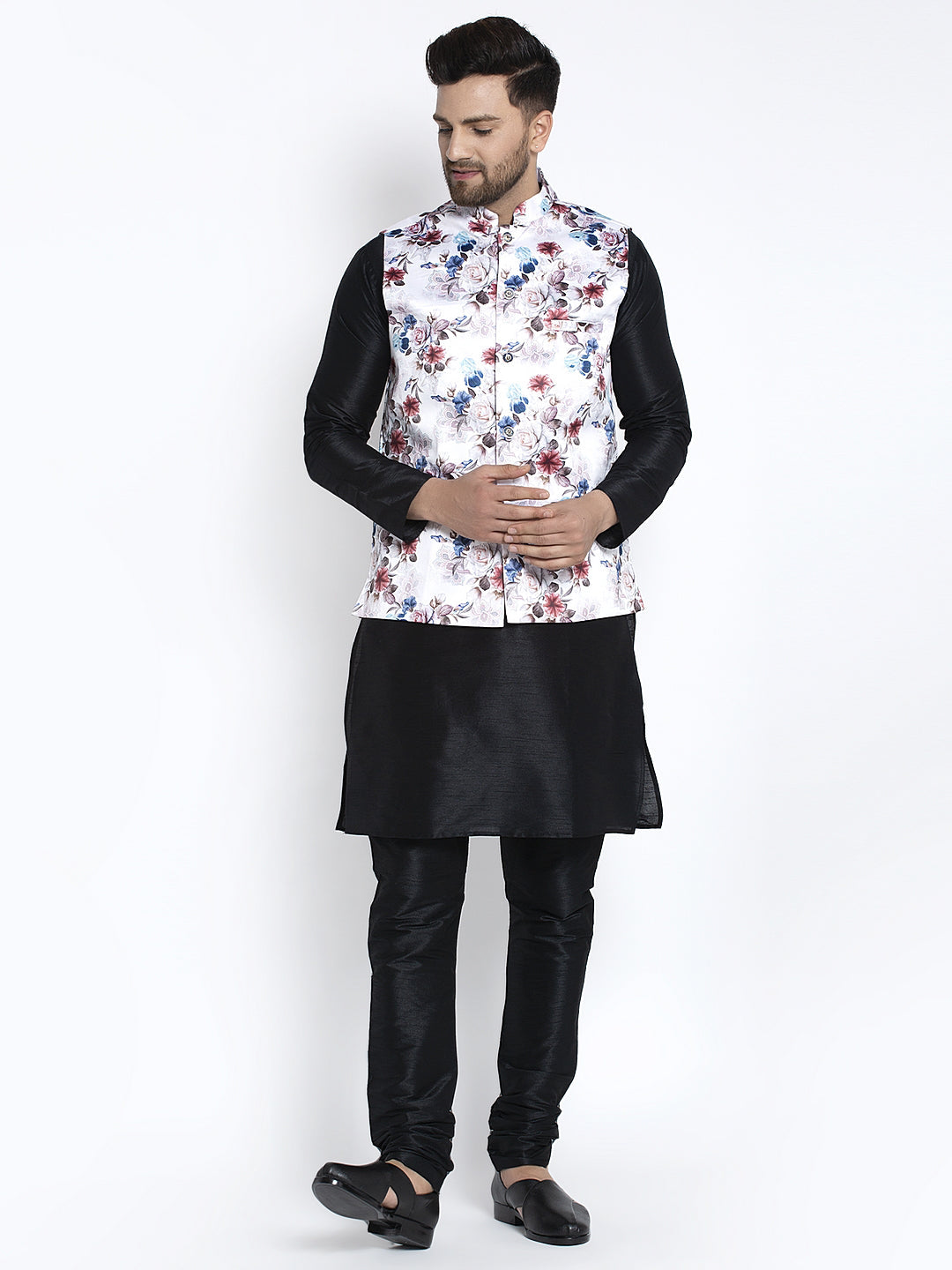 Men's Silk Blend Black Kurta With Pyjama & White Printed Nehru Jacket - Benstoke