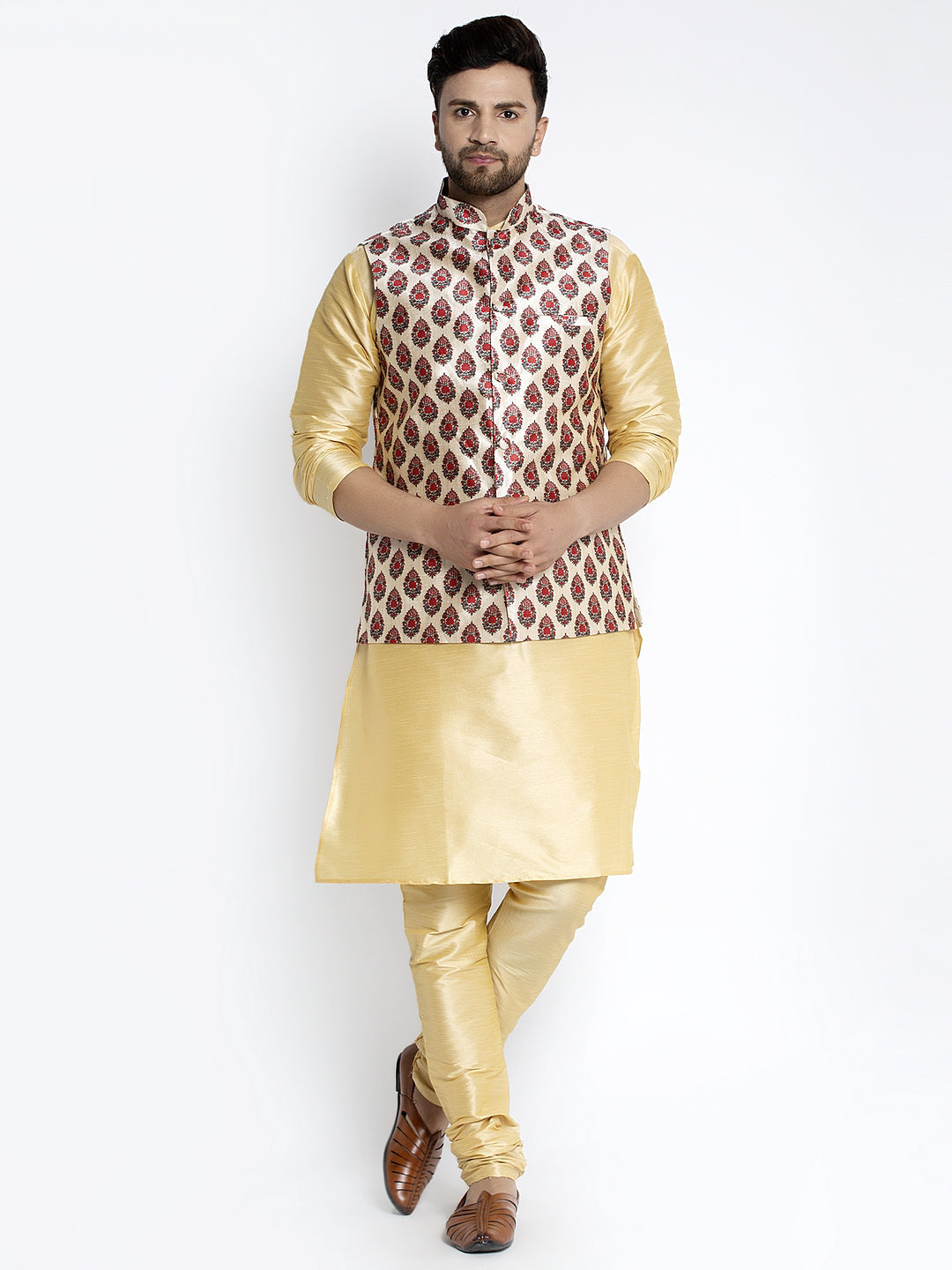 Men's Silk Blend Gold Kurta With Pyjama & Royal Blue Printed Nehru Jacket - Benstoke