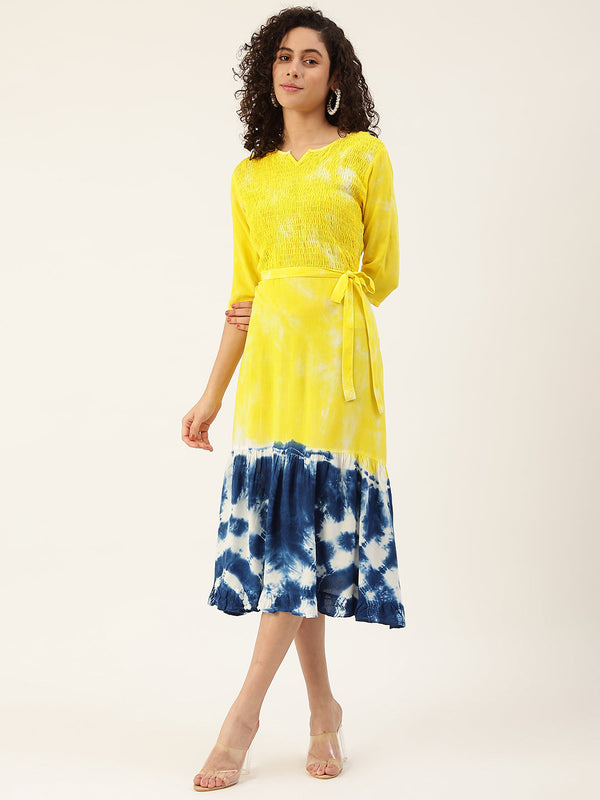 Women's Yellow Blue Bobbin Tie-Dye Rayon Dress - Maaesa