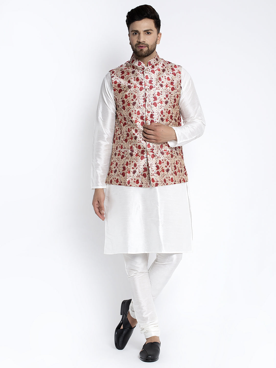 Men's Silk Blend White Kurta With Pyjama & Beige Printed Nehru Jacket - Benstoke