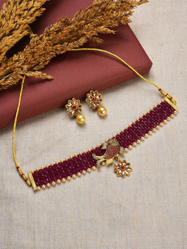 Women's Gold-Toned & Mahroon Fish Studded & Beaded Jewellery Set - Jazz And Sizzle - Indiakreations