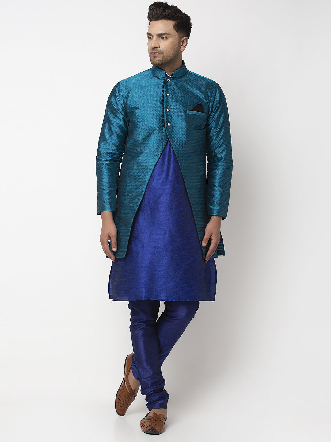 Men's Royal Blue Kurta With Pyjama & Peacock Blue Self Design Jacket - Benstoke