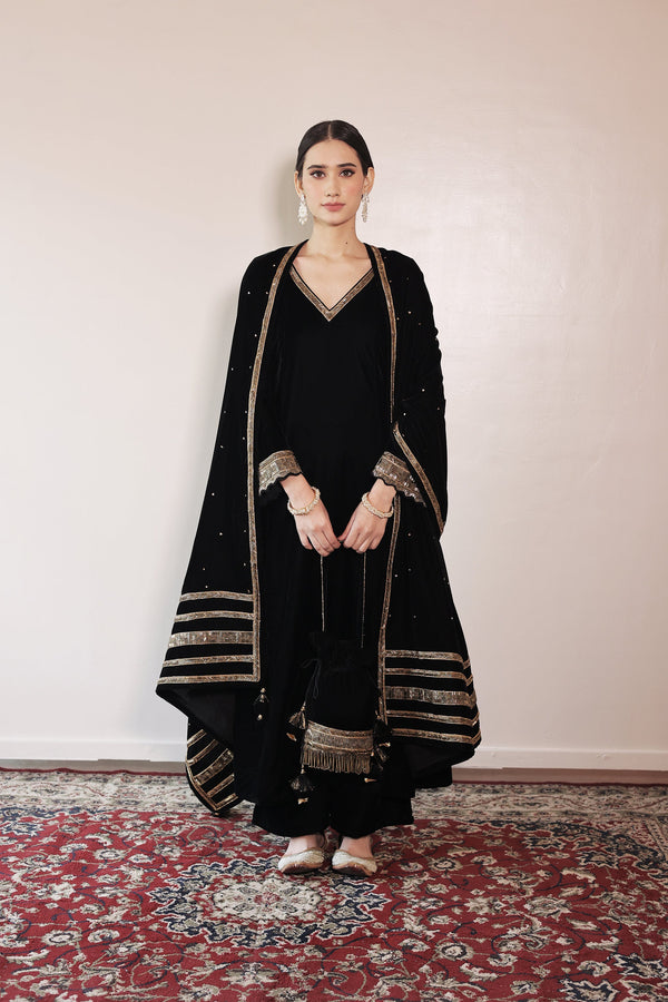 Begum Black Velvet A-Line Kurta Set