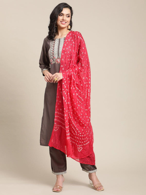 Round Neck Embroidered Yoke Kurta With Gathered Hem Trousers And Bandhani Dupatta - Indiakreations