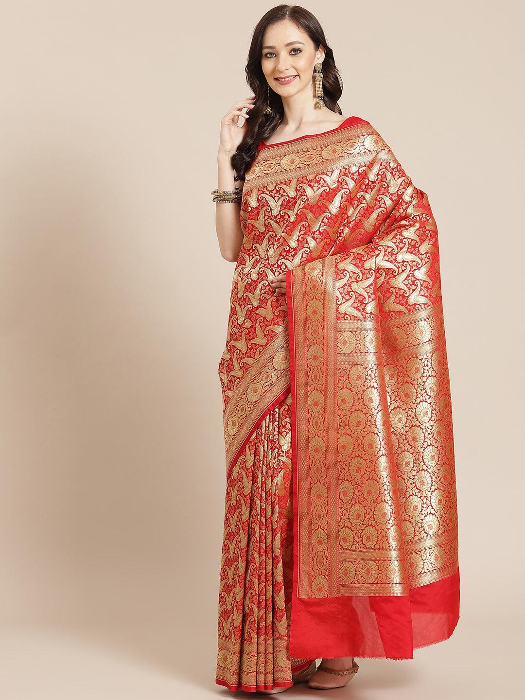 Women's Red Semi Silk Zari Woven Saree - Varanasi - Indiakreations