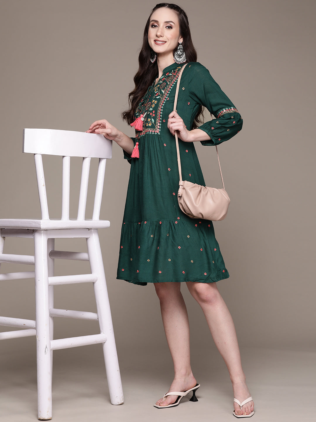 Women's Bottle Green Floral Embroidered Tasseled Dress - Anubhutee