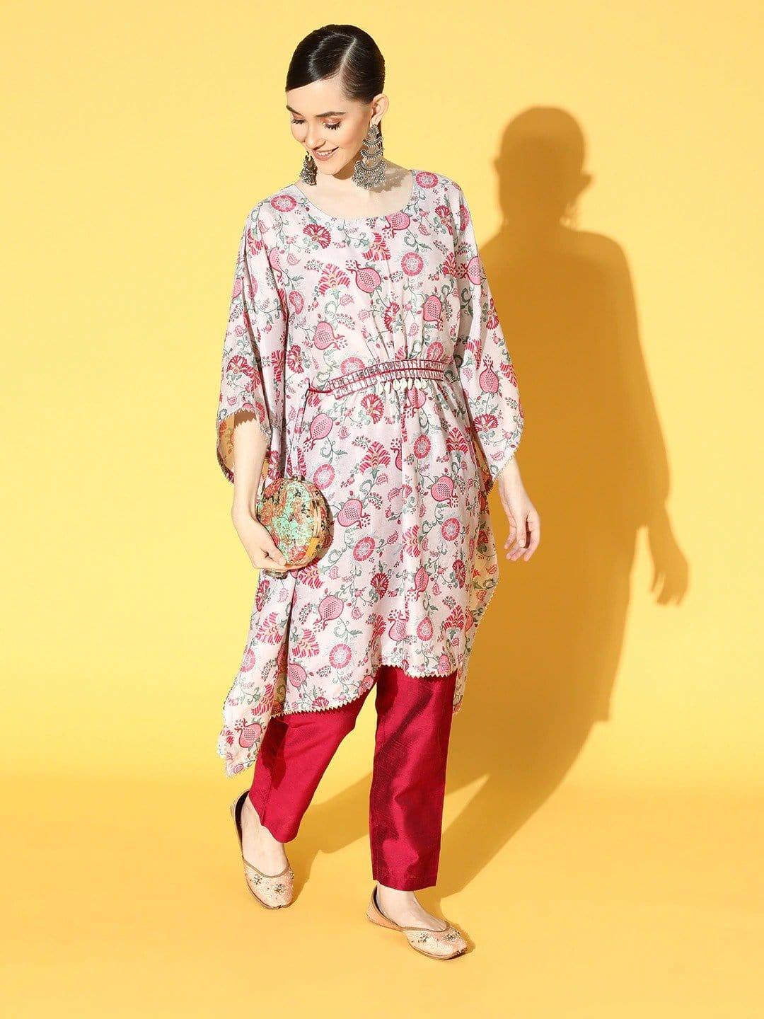 Cream And Pink Floral Printed Kaftan With Shell And Mirror Work Embellished Belt And Silk Trouser. - Indiakreations